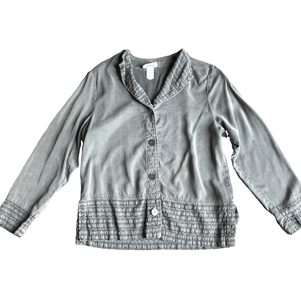 Studio By Mishi Woman's Blouse Jacket Med Olive Button Front Lightweight Artsy